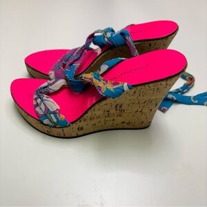 Mario Bologna Womens 38 Cork Wedge Tie Up Floral Beach Boho Espadrilles Open Toe